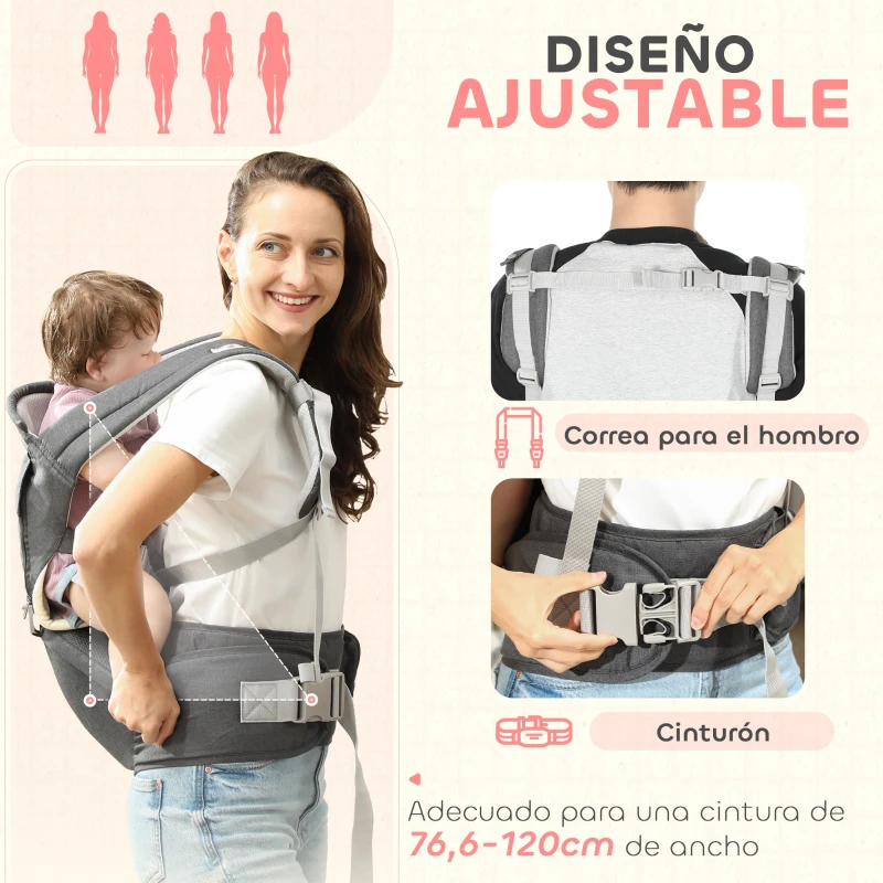 AIYAPLAY Mochila Portabebés de Recién Nacido hasta 36 Meses con Asiento Extraíble Cinturón Ajustable y Bolsillo Carga 15 kg Gris