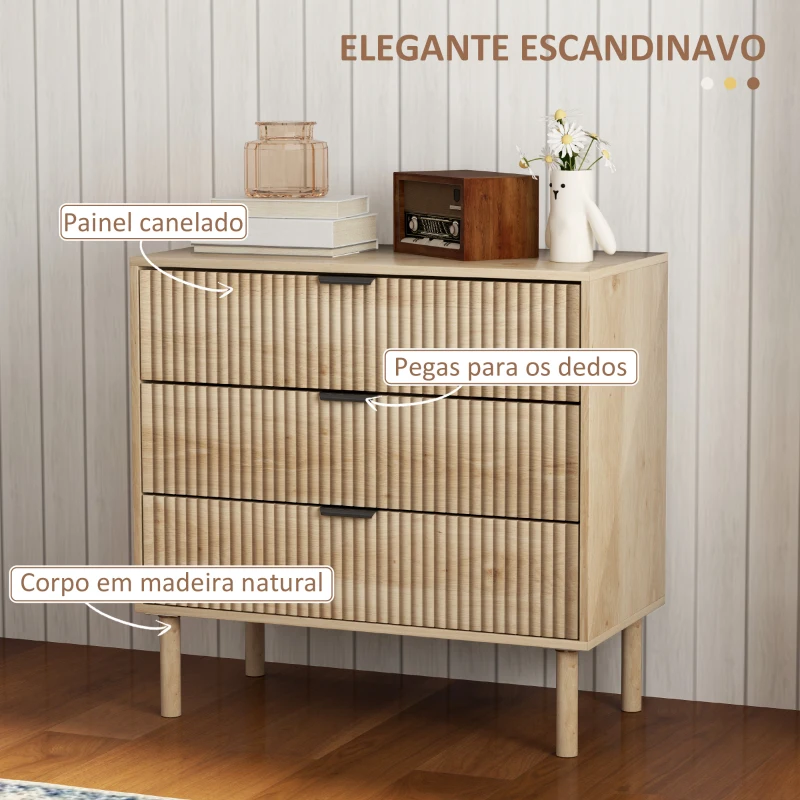 HOMCOM Cómoda com 3 Gavetas Cómoda Dormitório Estilo Nórdico com Painéis Ripados e Puxadores Metálicos 80x40x77,5 cm Madeira