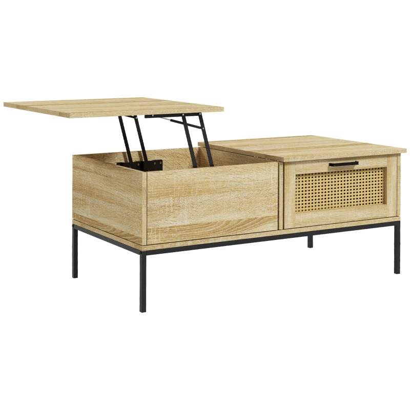 HOMCOM Table basse avec plateau relevable table de salon avec 2 grands tiroirs cadre en acier 106 x 56,3 x 48 cm naturel