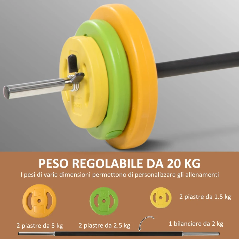 HOMCOM Set Bilanciere e Dischi da 20 kg totali Antiscivolo con 6 Pesi e 2 Clip di Fissaggio, Ø28x130 cm, Multicolore