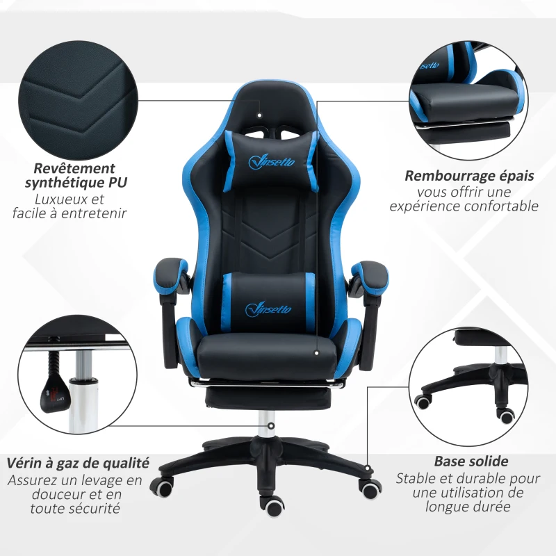 Vinsetto Chaise gaming fauteuil gaming ergonomique avec dossier inclinable à 135° et soutien lombaire, 65 x 65 x 121-129 cm noir
