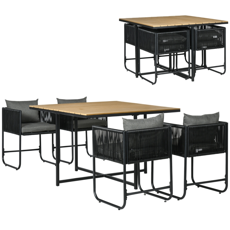 Outsunny Conjunto de Jardim de Vime Sintético 5 Peças com Mesa Quadrada e 4 Cadeiras Almofadas Preto e Madeira