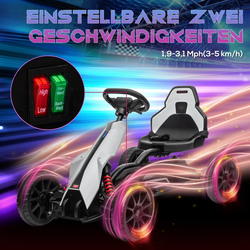 HOMCOM Go-Kart für Kinder, Elektro-Kart, bis 5 km/h, Sicherheitsgurt, Sitz mit Rückenlehne, Kunststoff, Metall, Weiß(m-5)