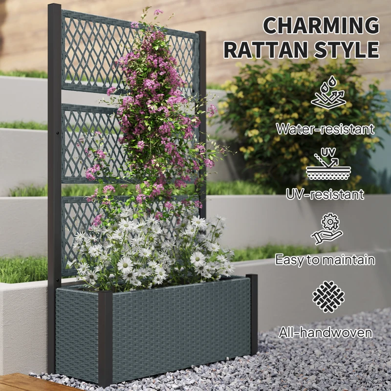 Outsunny Garden Planter Box with Trellis, Liner for Climbing Plants, Vegetables, Flowers, 90 x 35 x 148 cm, Charcoal Grey