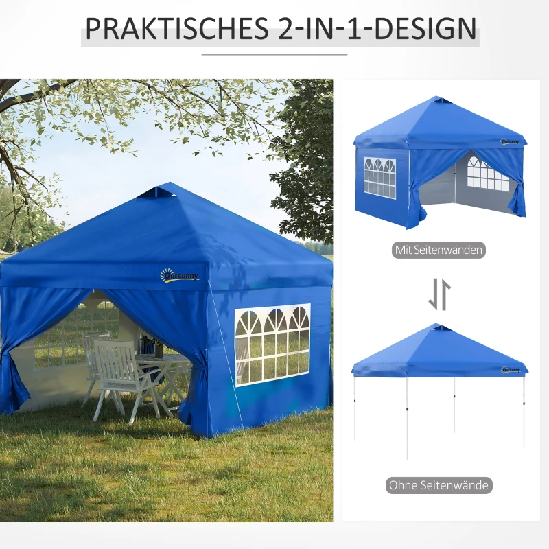 Outsunny Pavillon 3x3m Faltpavillon 4 Seitenwände mit Fenster Tür Festzelt Gartenzelt Pop-Up-Pavillon inkl. Heringe Abspannseile Tragetasche Metall Oxford Blau
