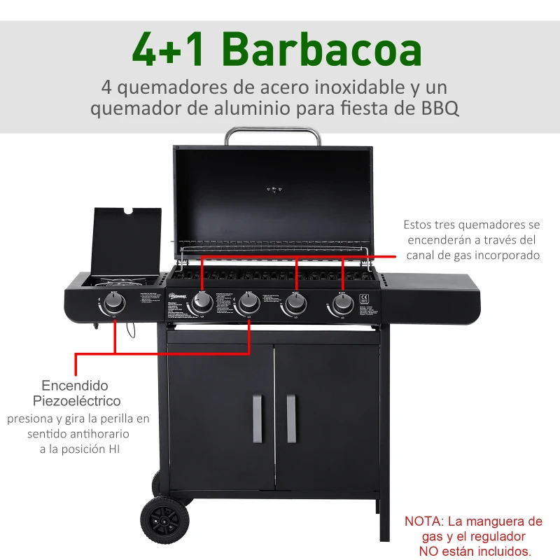 Outsunny Barbacoa de Gas con 4+1 Quemadores 14,4 KW Mesas Laterales Armario de Almacenaje Termómetro y 2 Ruedas Acero Inoxidable BBQ 125x51x100 cm Negro