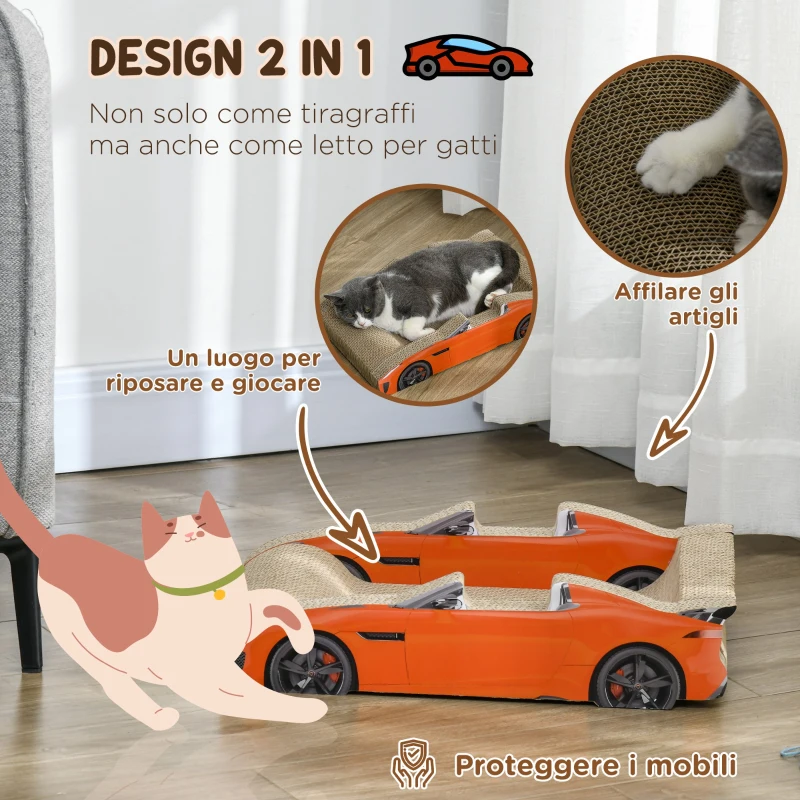 PawHut Cuccia per Gatti Tiragraffi a forma di Auto con Trattamento ad Erba Gatta, in Cartone Ondulato, 50x30x12.5 cm, Rosso