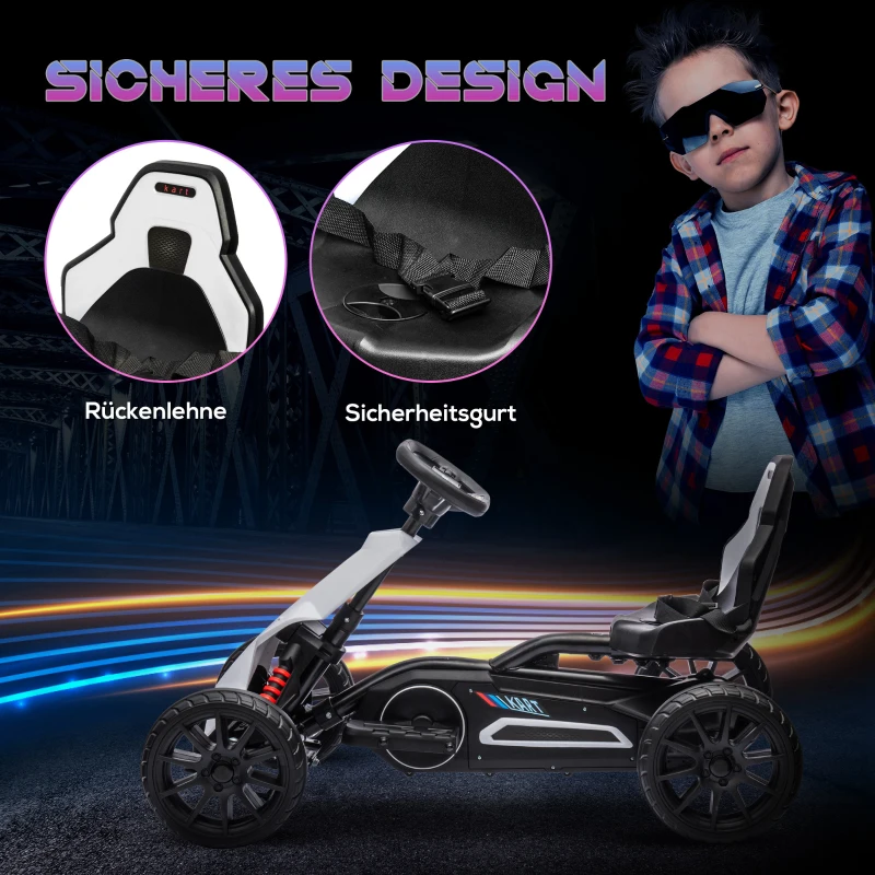HOMCOM Go-Kart für Kinder, Elektro-Kart, bis 5 km/h, Sicherheitsgurt, Sitz mit Rückenlehne, Kunststoff, Metall, Weiß(m-6)