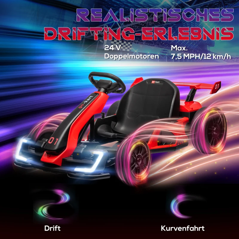 HOMCOM Go-Kart für Kinder, Elektro-Kart mit Hupe und Musikfunktion, verstellbarer Sitz, bis 12 km/h, Kunststoff, Metall, Rot(m-4)