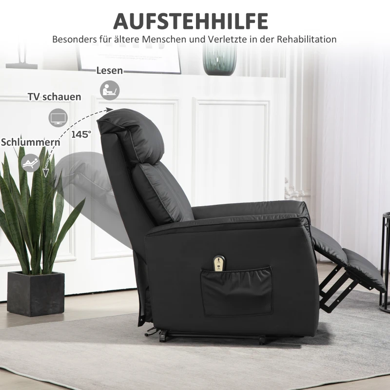 HOMCOM Elektrischer Aufstehsessel, Fernsehsessel, Sessel mit Aufstehhilfe, Liegefunktion, Kunstleder, 80 x 94 x 104 cm, Schwarz(m-6)
