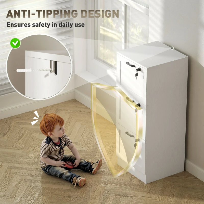 HOMCOM 3-Drawer Filing Cabinet with Lock - White