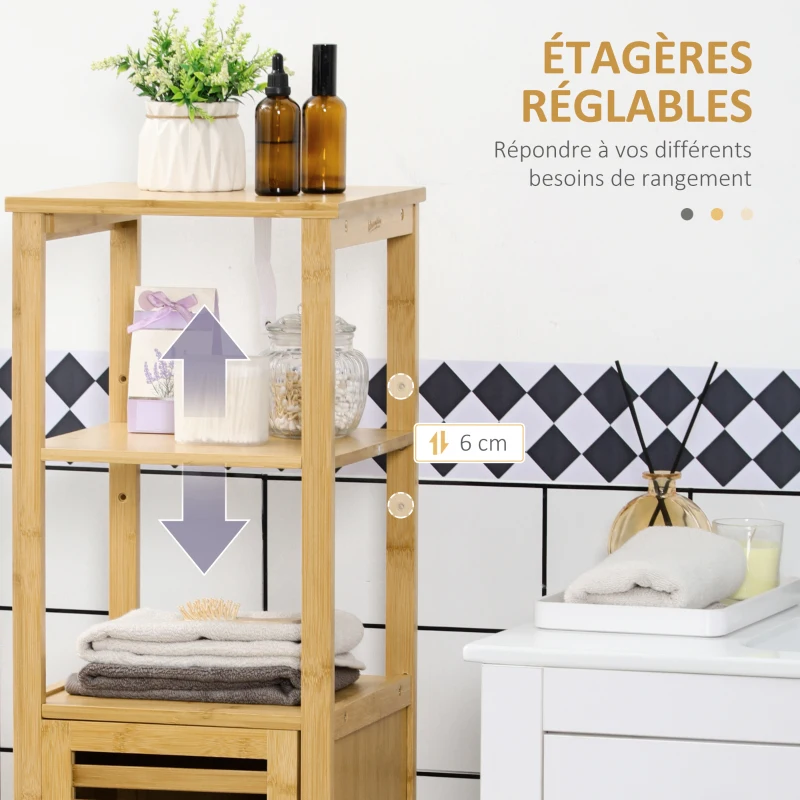 kleankin Meuble colonne salle de bain en bambou 2 étagères ouvertes et placard, 32,9 x 29,9 x 120 cm, bois naturel
