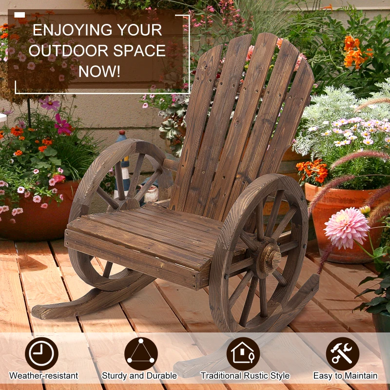 Outsunny 2 Piece Wooden Adirondack Rocking Chair Reclining Armchair Outdoor Garden Furniture Patio Porch Rocker - Carbonized Wood Colour