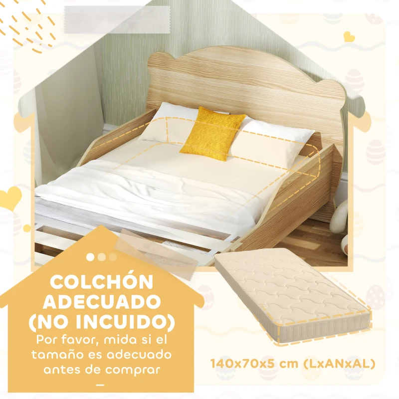 AIYAPLAY Cama Infantil de Madera con Barandillas y Diseño de Oso Estructura Baja para Niños de 3-6 Años 143,5x80x55 cm Natural