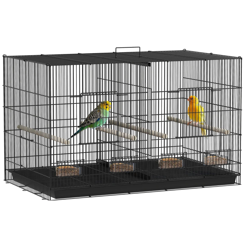 PawHut Jaula para Pájaros con Divisor 4 Comederos 4 Perchas Bandeja Extraíble para Loros Canarios Periquitos 94x57x57 cm Negro