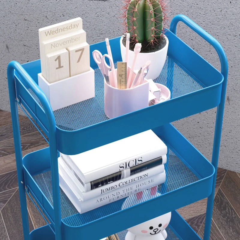 HOMCOM Desserte chariot de rangement en acier chariot de service à roulettes 3 plateaux ajourés 45 x 30,6 x 79 cm bleu foncé