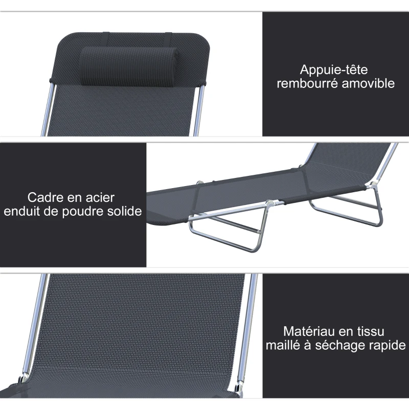Outsunny Chaise Longue Pliante Bain de Soleil inclinable transat textilène lit Jardin Plage 182 x 56 x 24,5 cm Noir