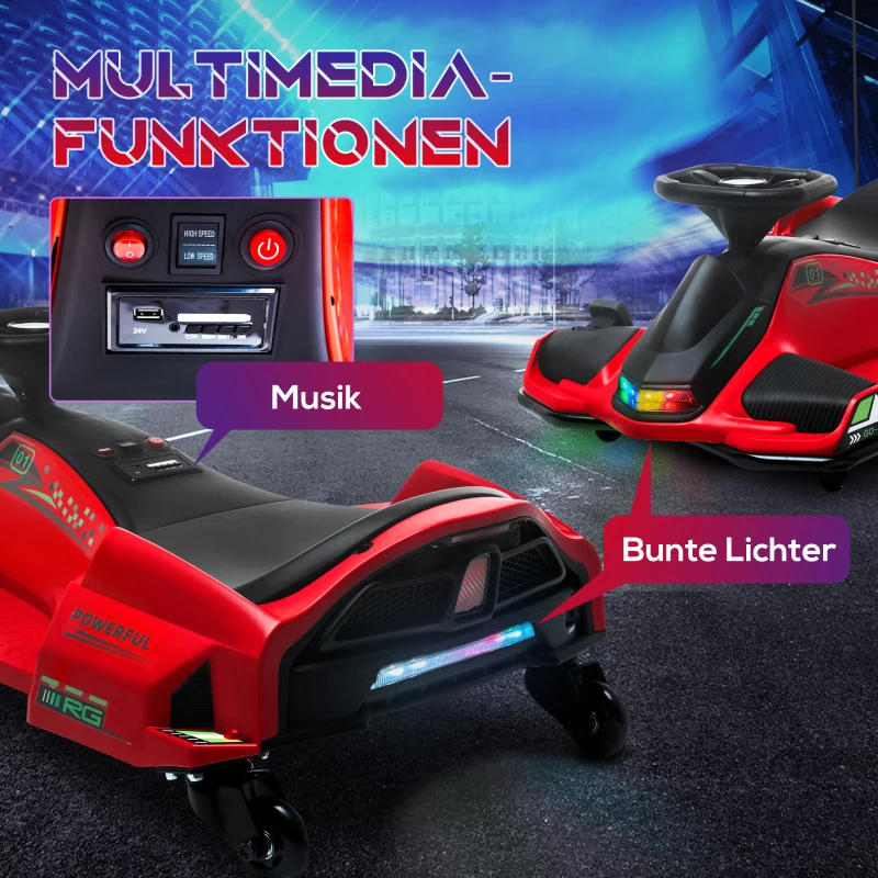 HOMCOM Elektrisches Go-Kart für Kinder, Gummiräder, 3-8 km/h, mit Lichtern und Musikfunktion, Rot(m-5)