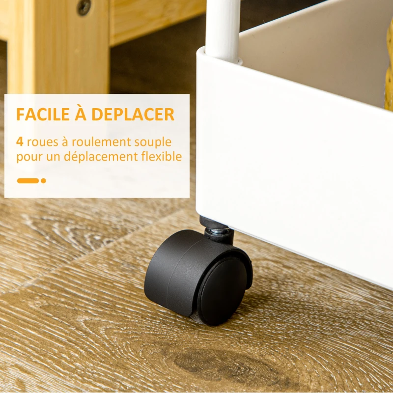 HOMCOM Desserte chariot de rangement 4 niveaux à roulettes avec paniers et crochets amovibles, blanc