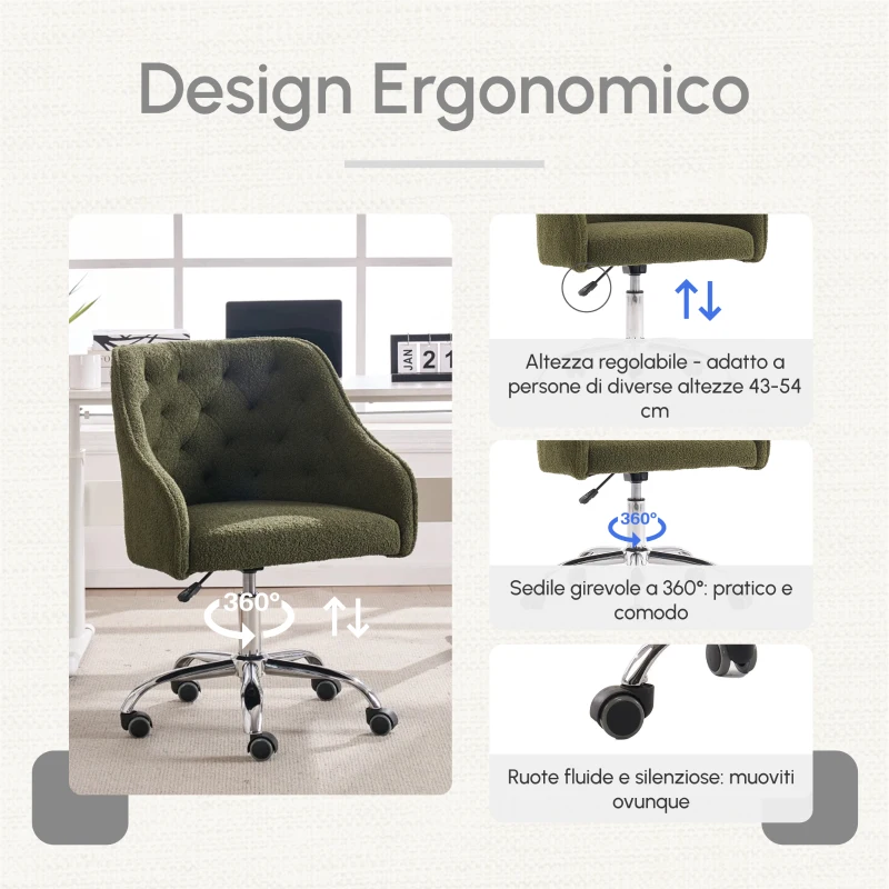 Sedia da Scrivania Girevole in Velluto, Poltrona da ufficio con Altezza Regolabile,Design ergonomico,Verde