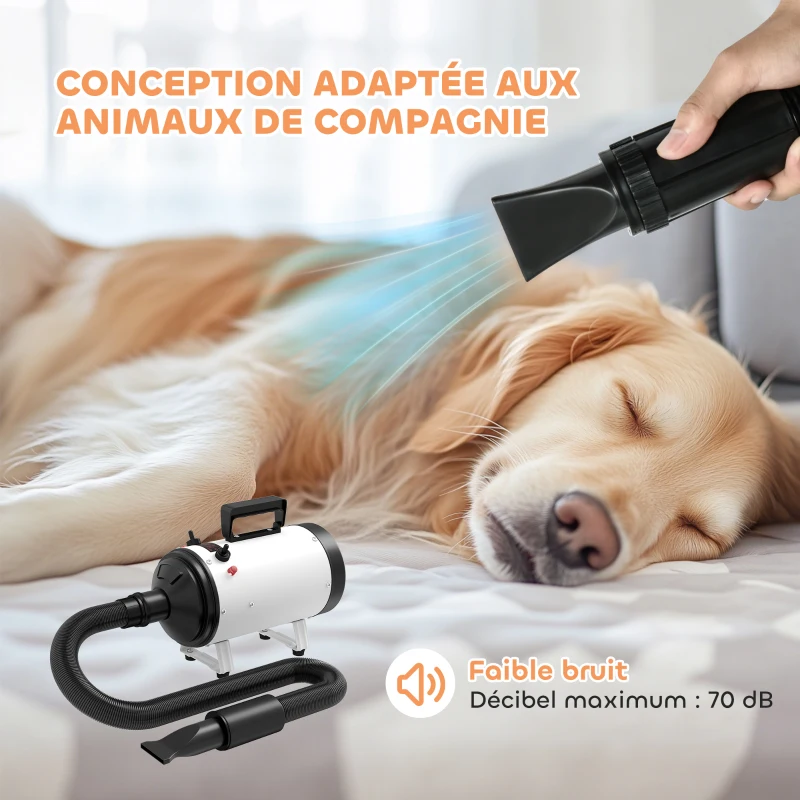 PawHut Sèche-cheveux pour chien pulseur chien professionnel 2200W avec 3 buses différentes faible bruit 3 températures blanc