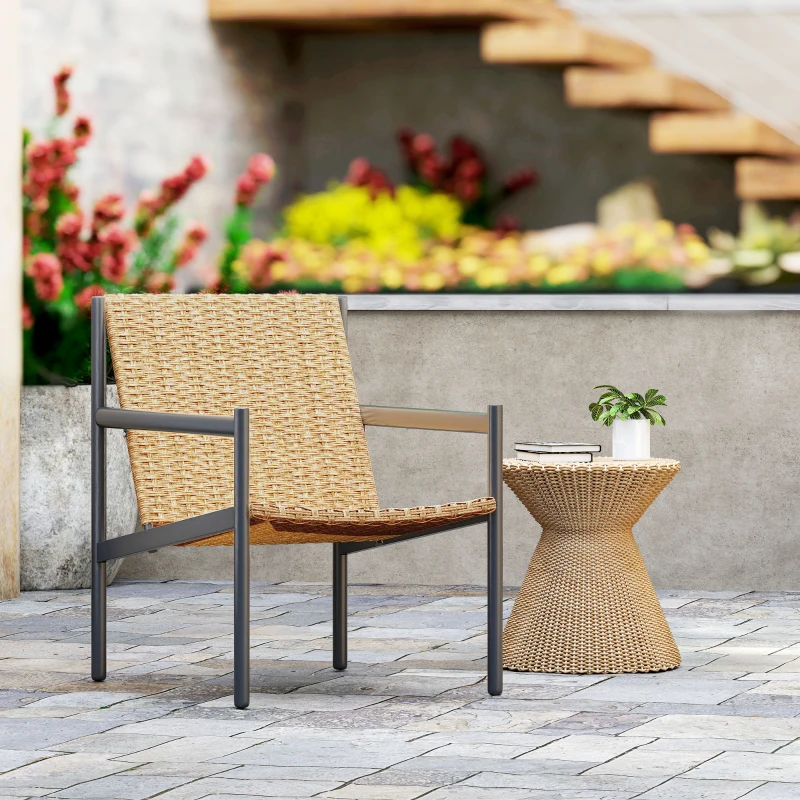 Outsunny Cadeira de Jardim em Vime com Apoios de Braços Encosto Inclinado e Estrutura de Aço 61x74x81 cm Madeira