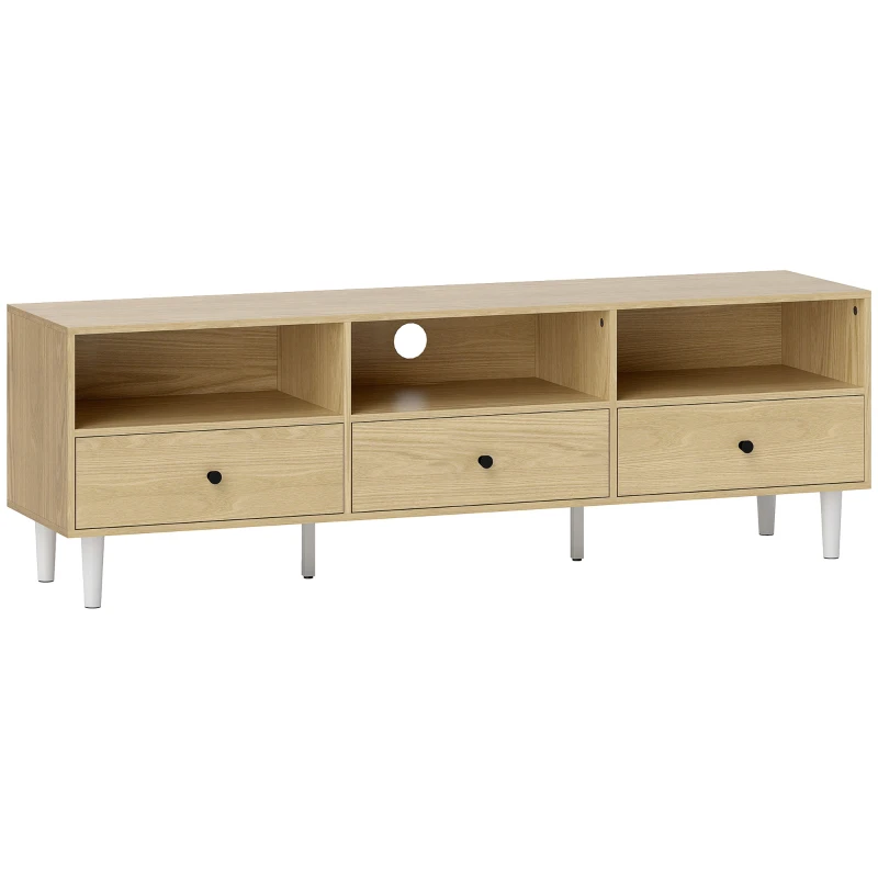 HOMCOM Meuble TV pour jusqu'à 75" avec 3 tiroirs, 3 étagères ouvertes et passe-câbles, 140 x 34 x 45 cm, bois naturel