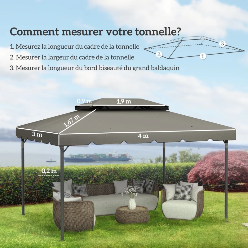 Outsunny Toile de rechange pour pavillon tonnelle tente toit de remplacement gazebo de jardin tissu polyester 4 x 3 m gris clair