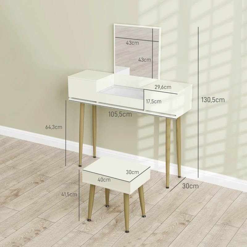 HOMCOM Coiffeuse avec miroir et tabouret avec 3 tiroirs et pieds en métal, plateau en verre trempé, blanc