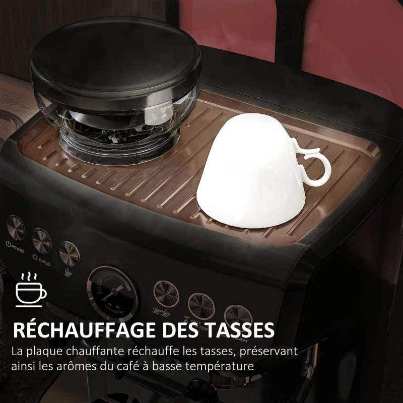 HOMCOM Machine à expresso 1600W avec moulin à grains, buse vapeur, pompe italienne 15 bars, réservoir d'eau 2 L, noir