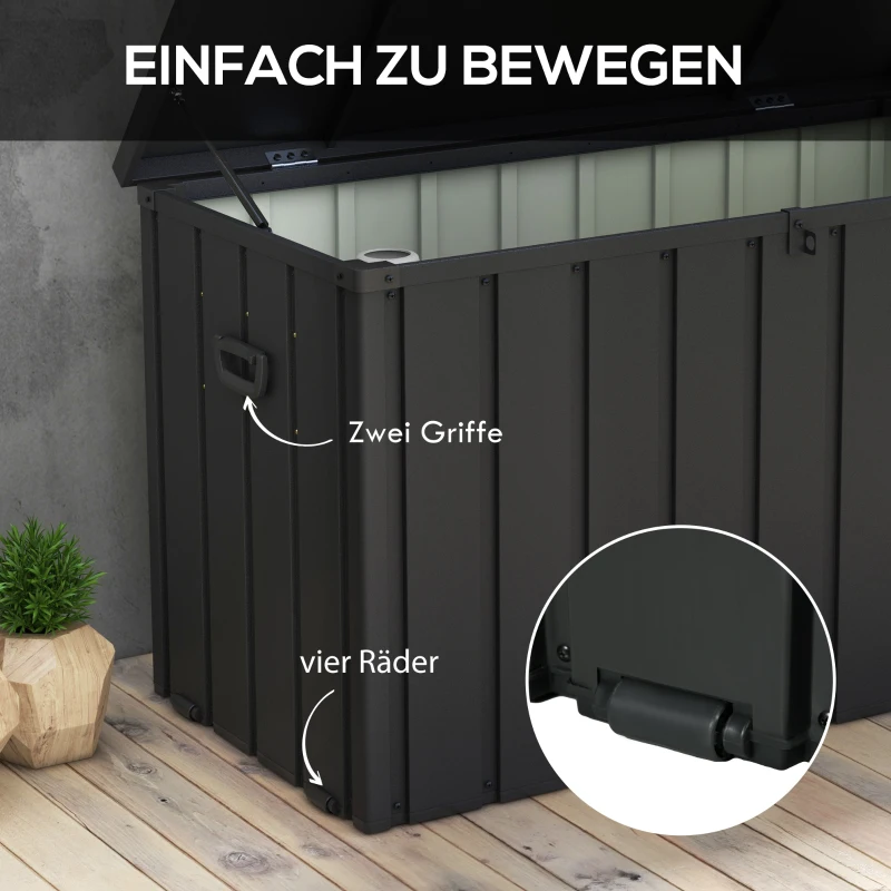 Outsunny Aufbewahrungsbox, Gartentruhe, 450L Stauraum, 2 Räder, Stahlrahmen, 125x61x70 cm, Dunkelgrau