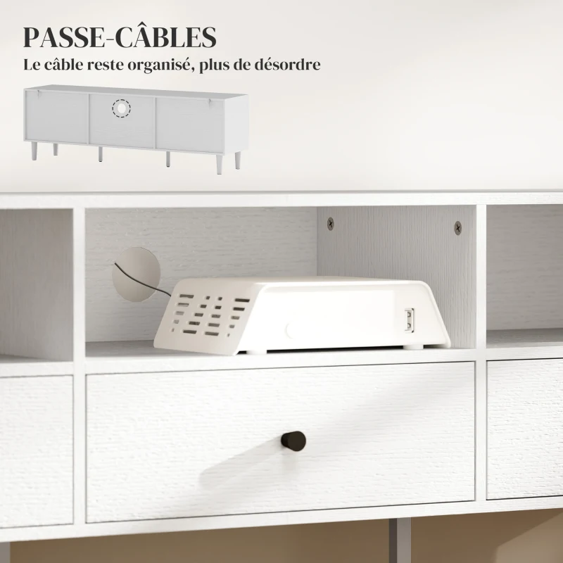 HOMCOM Meuble TV pour jusqu'à 75" avec 3 tiroirs, 3 étagères ouvertes et passe-câbles, 140 x 34 x 45 cm, crème