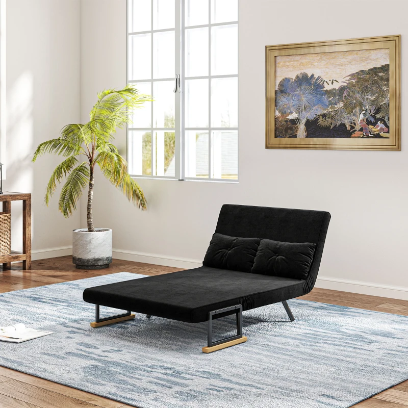 HOMCOM Canapea Pat de 2 Locuri cu Spătar Reglabil pe 5 Nivele și 2 Perne din Material Capitonat, 102x73x81 cm, Negru(m-9)