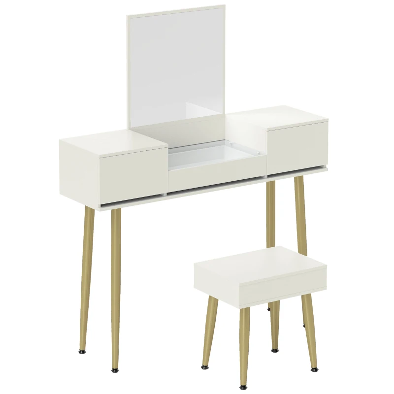 HOMCOM Coiffeuse avec miroir et tabouret avec 3 tiroirs et pieds en métal, plateau en verre trempé, blanc