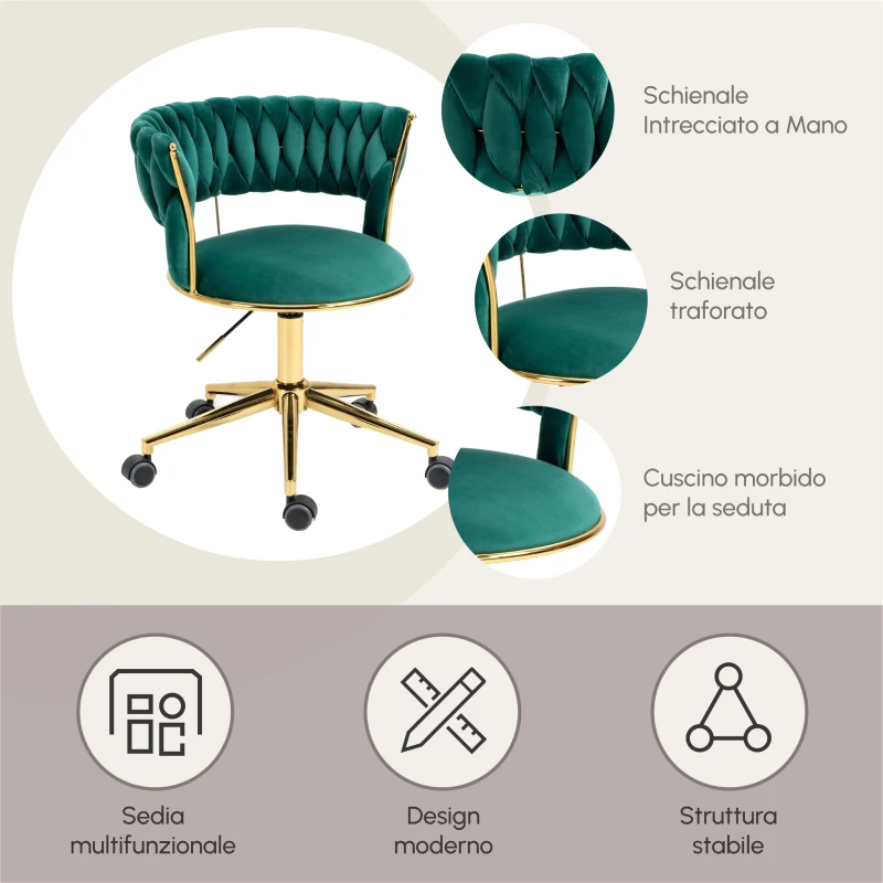 Sedia Girevole da ufficio e per Trucco o Salotto, Poltroncina in Velluto con Altezza Regolabile, per Sedia da Studio, Verde
