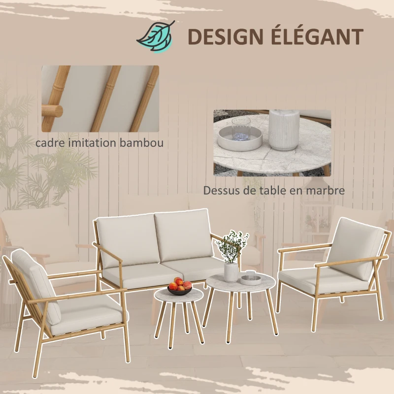 Outsunny Salon de jardin 5 pièces 4 personnes canapé 2 places 2 table basse et 2 fauteuils avec coussins cadre en acier