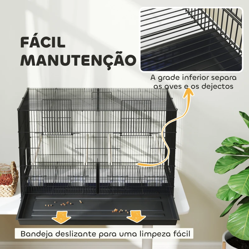 PawHut Gaiola para Pássaros com Divisória com Comedouros Poleiros e Bandeja Removível 94x57x57 cm  Preto