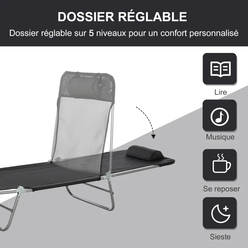Outsunny Chaise Longue Pliante Bain de Soleil inclinable transat textilène lit Jardin Plage 182 x 56 x 24,5 cm Noir