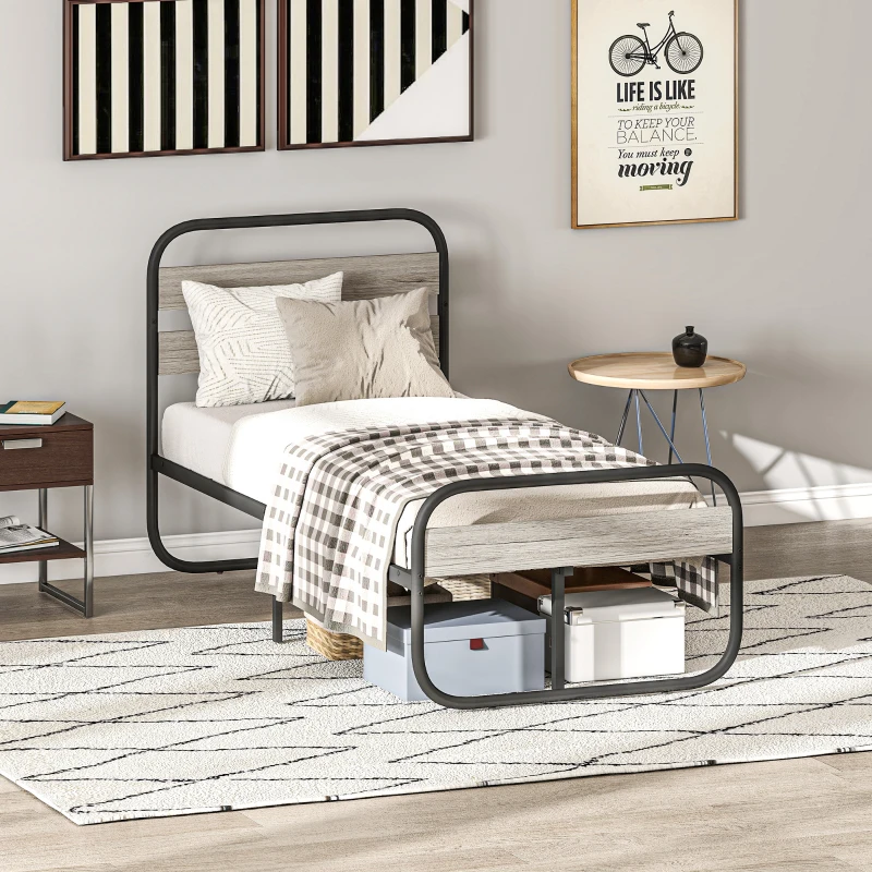HOMCOM 3ft Single Bed Frame, Industrial Style Metal Platform Bed Frame with Under Bed Storage, No Box Spring Needed, Easy Assembly, Grey(m-7)