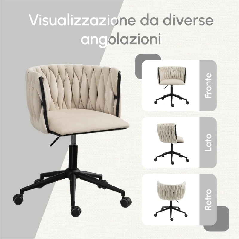 Sedia da Ufficio Morbida in Velluto per Trucco, Poltrona da Soggiorno Girevole ed Ergonomica,Regolabile in Altezza,Beige