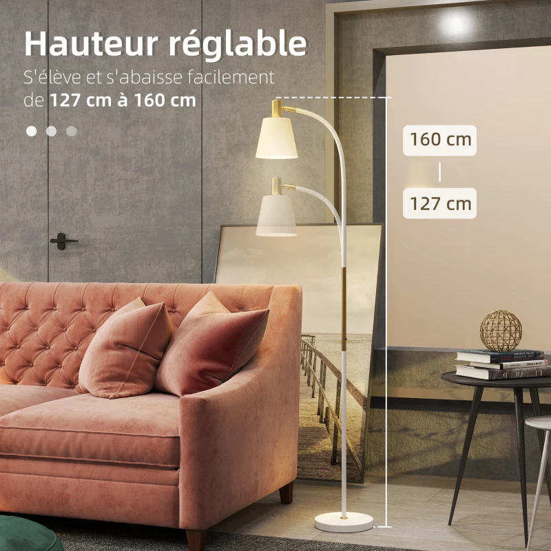 HOMCOM Lampadaire de salon réglable en hauteur 127-160 cm avec interrupteur, douille E27, blanc
