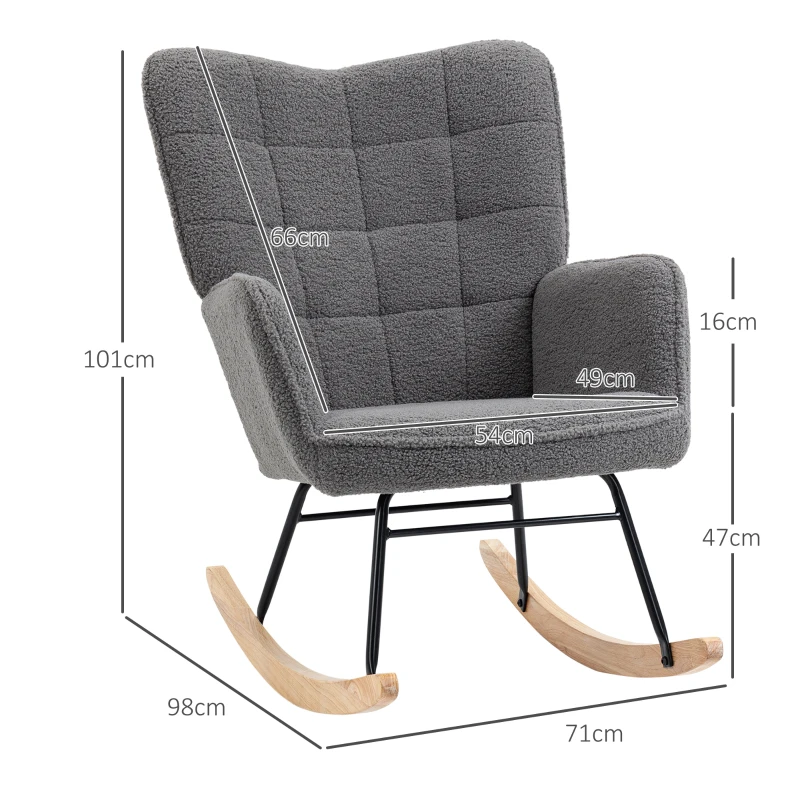 HOMCOM Fotoliu Balansoar Relaxant cu Brațe, Structură din Oțel și Picioare din Lemn de Fag, 71x98x101 cm, Gri Închis