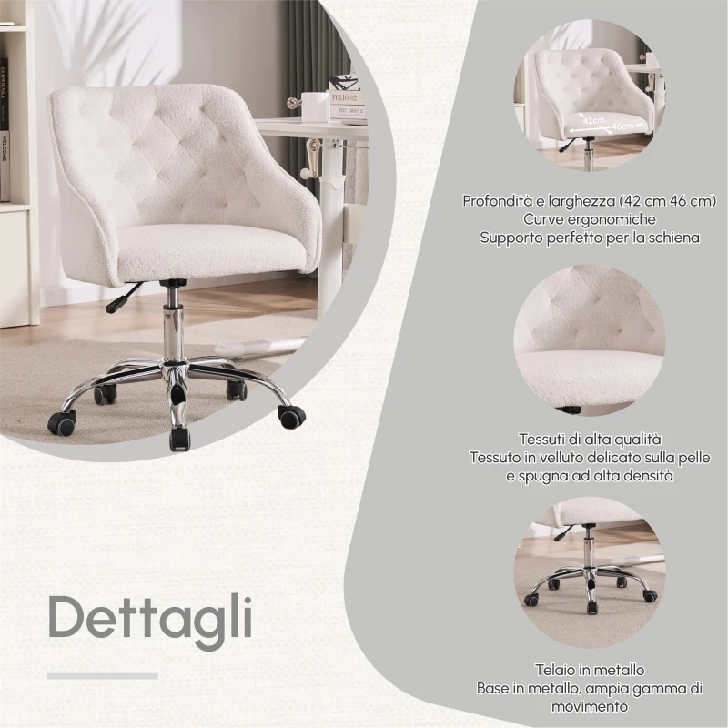 Sedia da Scrivania Girevole in Velluto, Poltrona da ufficio con Altezza Regolabile,Design ergonomico,Bianco