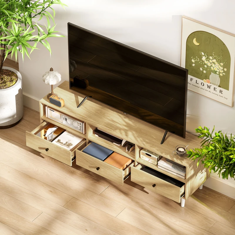 HOMCOM Meuble TV pour jusqu'à 75" avec 3 tiroirs, 3 étagères ouvertes et passe-câbles, 140 x 34 x 45 cm, bois naturel
