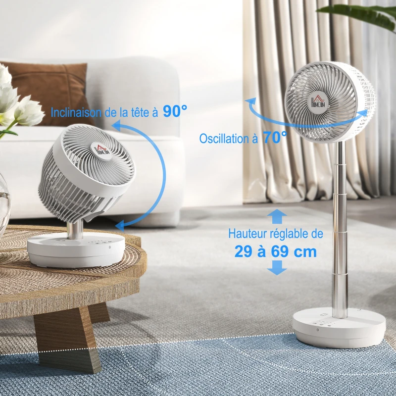 HOMCOM Ventilateur de bureau avec télécommande et batterie rechargeable, alimenté par USB, inclinaison et hauteur réglables, blanc