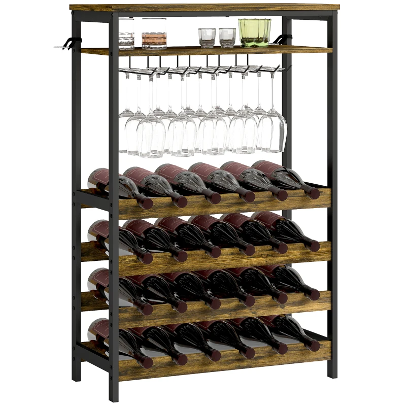 HOMCOM Botellero Vino para 24 Botellas con Soporte para Copas y Estante Abierto 66x30x100,3 cm Marrón Rústico