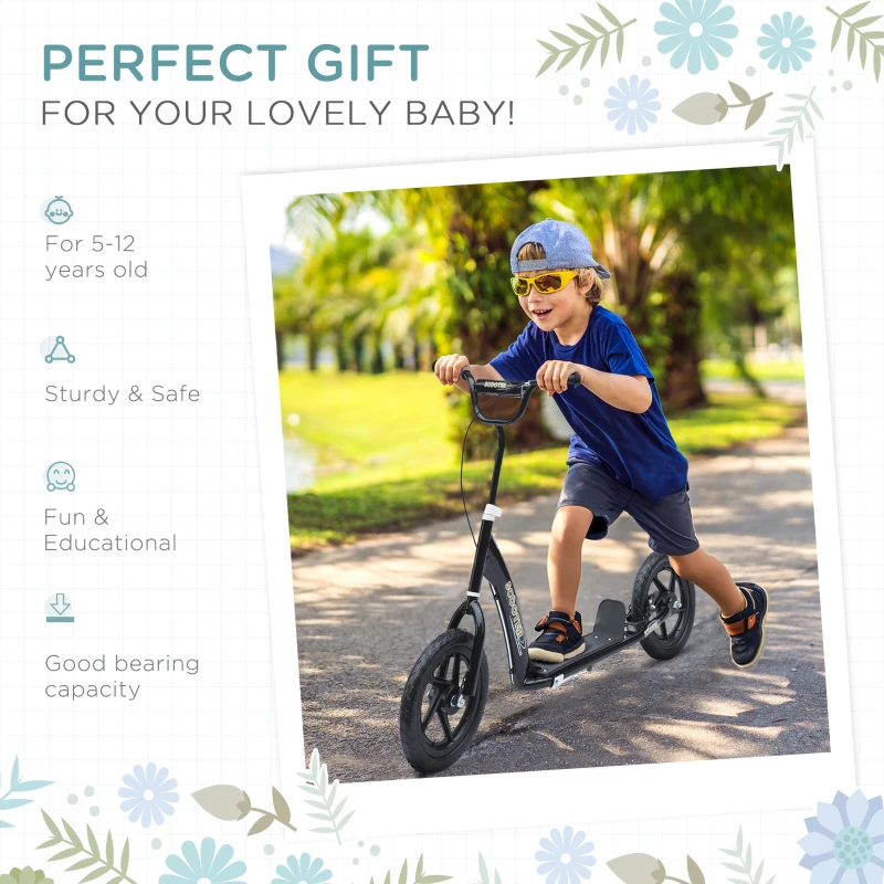 HOMCOM Kids Scooter Kick Scooter, with 12" EVA Tyres, Rear Brake, Big Wheels Scooter for 5-12 Years , Black