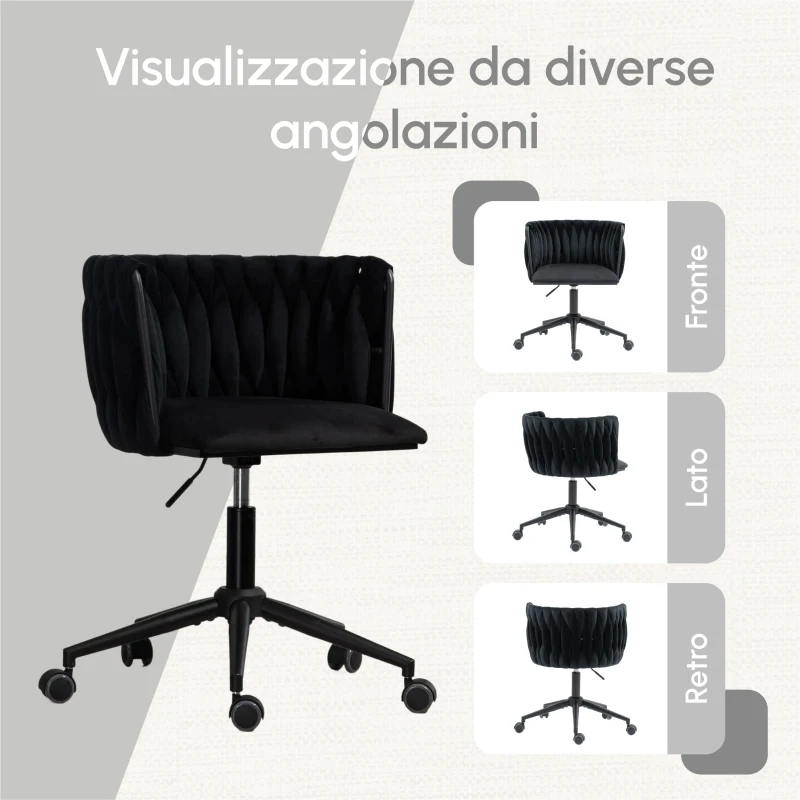 Sedia da Ufficio Morbida in Velluto per Trucco, Poltrona da Soggiorno Girevole ed Ergonomica,Regolabile in Altezza,Nero