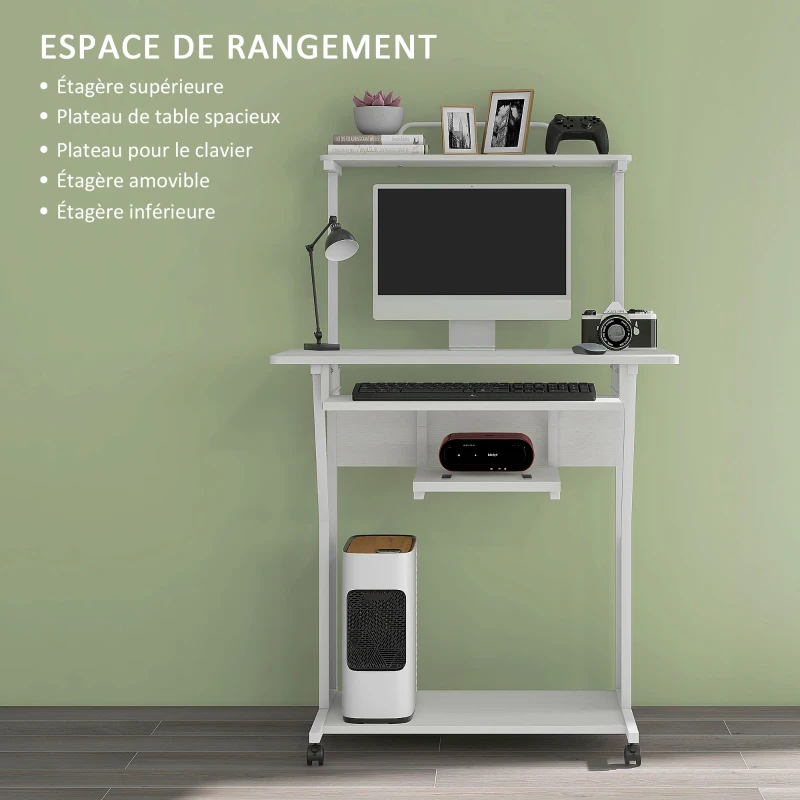 HOMCOM Bureau d'ordinateur roulant avec étagères de rangement, poste de travail et plateau pour clavier, 80x50x130cm, blanc