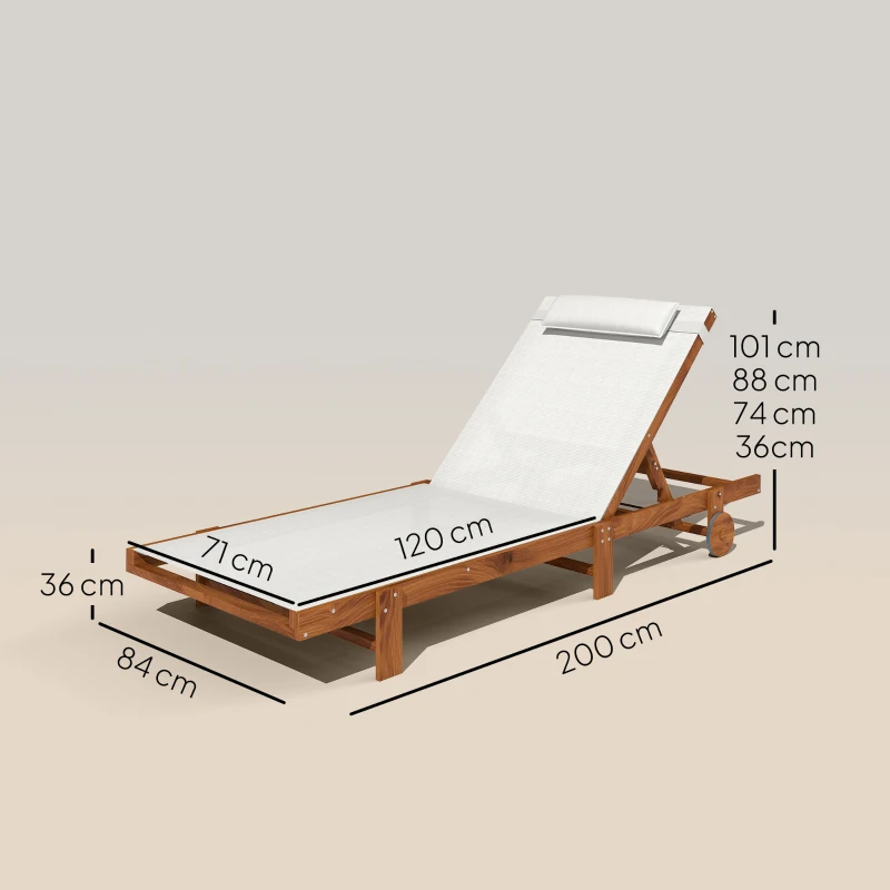 Outsunny Bain de soleil en bois avec roulettes dossier inclinable en 4 positions appui-tête, 84x200x101cm, blanc